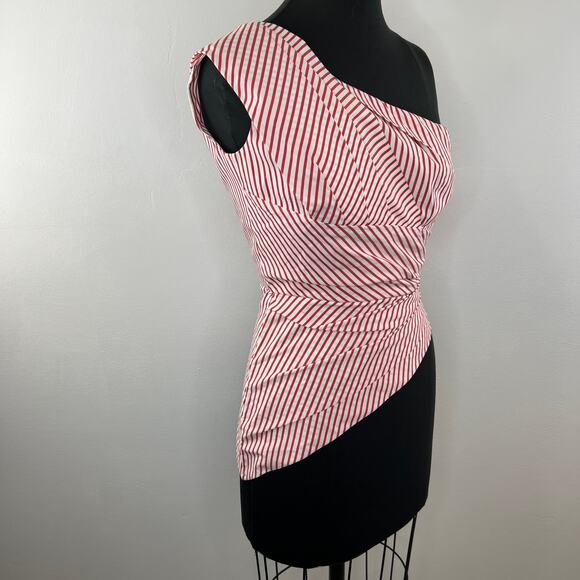 Petersyn NYC Red White Striped One Shoulder 100% Cotton Asymmetrical Blouse XS - Picture 3 of 7